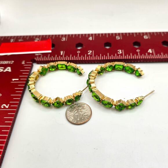 Pierced Earrings Hoop Green Rhinestones Inside Out Gold Tone Drop SKU 2770 - Picture 4 of 6
